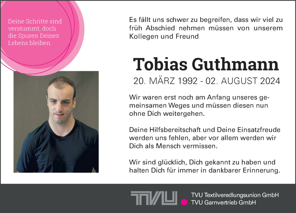  Traueranzeige für Tobias Guthmann vom 08.08.2024 aus Ansbach