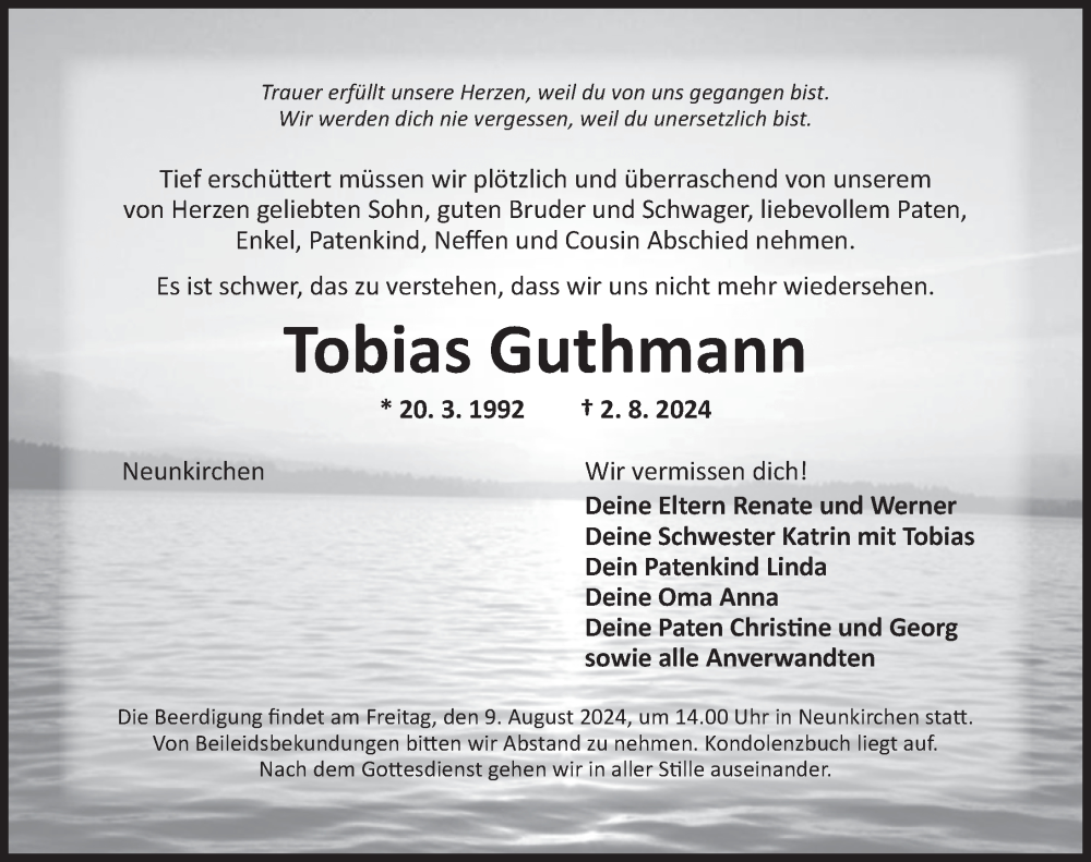  Traueranzeige für Tobias Guthmann vom 07.08.2024 aus Ansbach