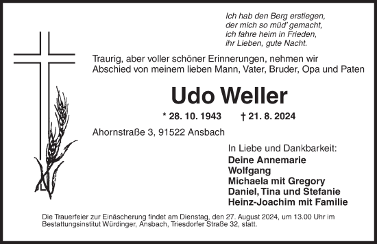 Traueranzeige von Udo Weller von Ansbach