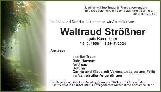 Traueranzeige von Waltraud Strößner von Ansbach