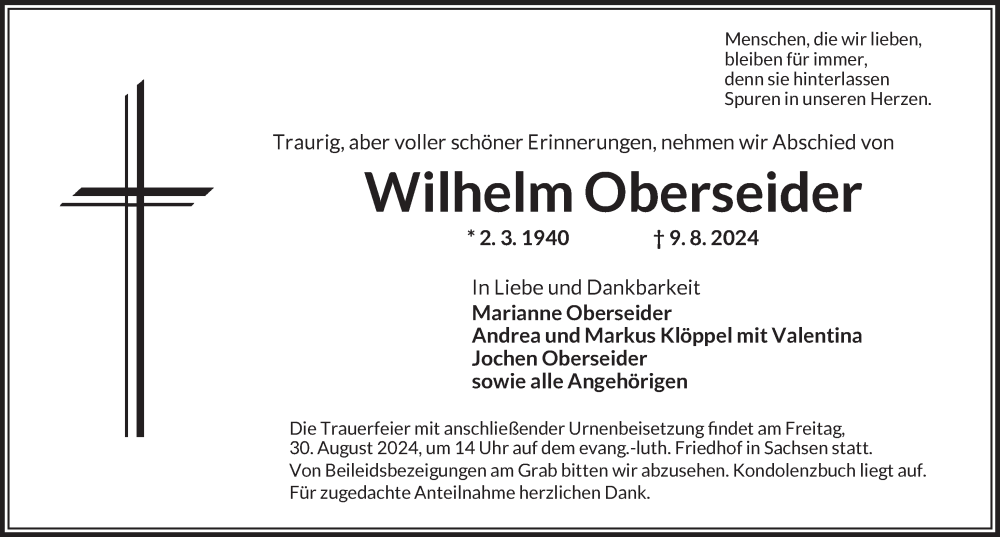  Traueranzeige für Wilhelm Oberseider vom 27.08.2024 aus Ansbach