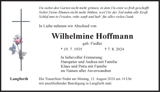 Traueranzeige von Wilhelmine Hoffmann von Dinkelsbühl/ Feuchtwangen