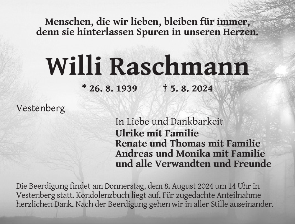  Traueranzeige für Willi Raschmann vom 07.08.2024 aus Ansbach