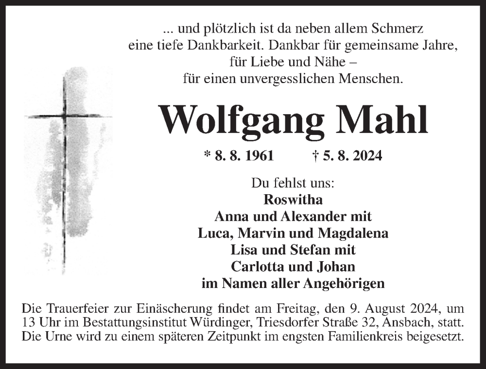  Traueranzeige für Wolfgang Mahl vom 07.08.2024 aus Ansbach