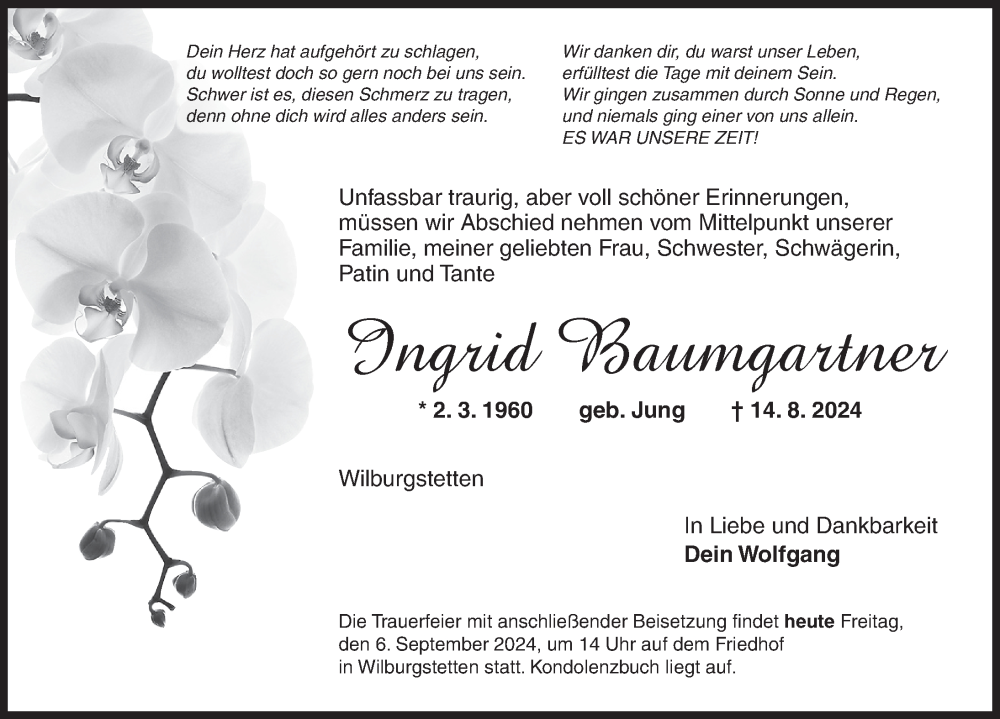  Traueranzeige für Ingrid Baumgartner vom 04.09.2024 aus Dinkelsbühl/ Feuchtwangen