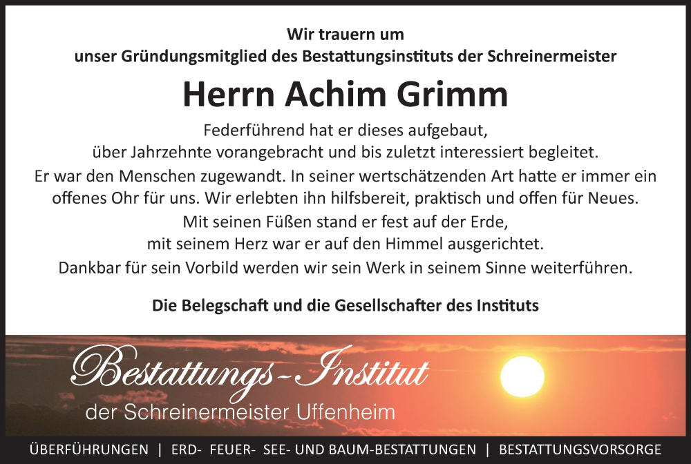  Traueranzeige für Achim Grimm vom 24.09.2024 aus Neustadt/ Scheinfeld/ Uffenheim