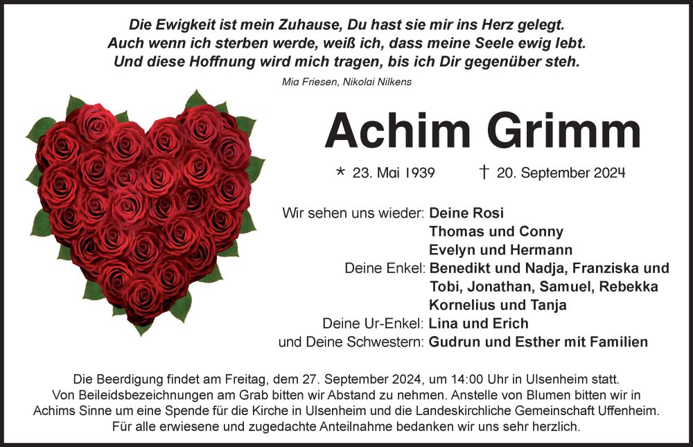  Traueranzeige für Achim Grimm vom 24.09.2024 aus Neustadt/ Scheinfeld/ Uffenheim