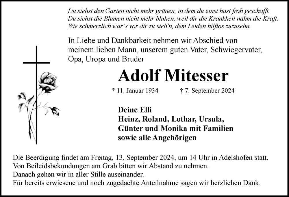  Traueranzeige für Adolf Mitesser vom 11.09.2024 aus Rothenburg