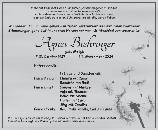 Traueranzeige von Agnes Biehringer von Dinkelsbühl/ Feuchtwangen