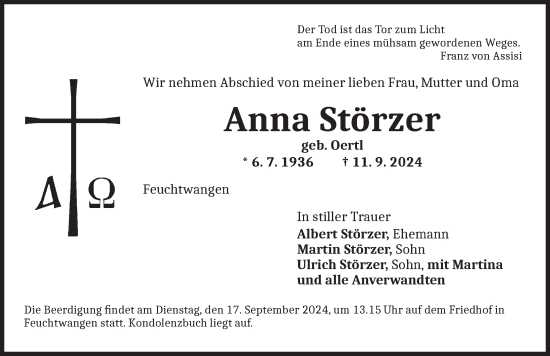 Traueranzeige von Anna Störzer von Dinkelsbühl/ Feuchtwangen