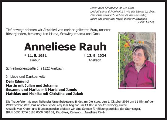 Traueranzeige von Anneliese Rauh von Ansbach