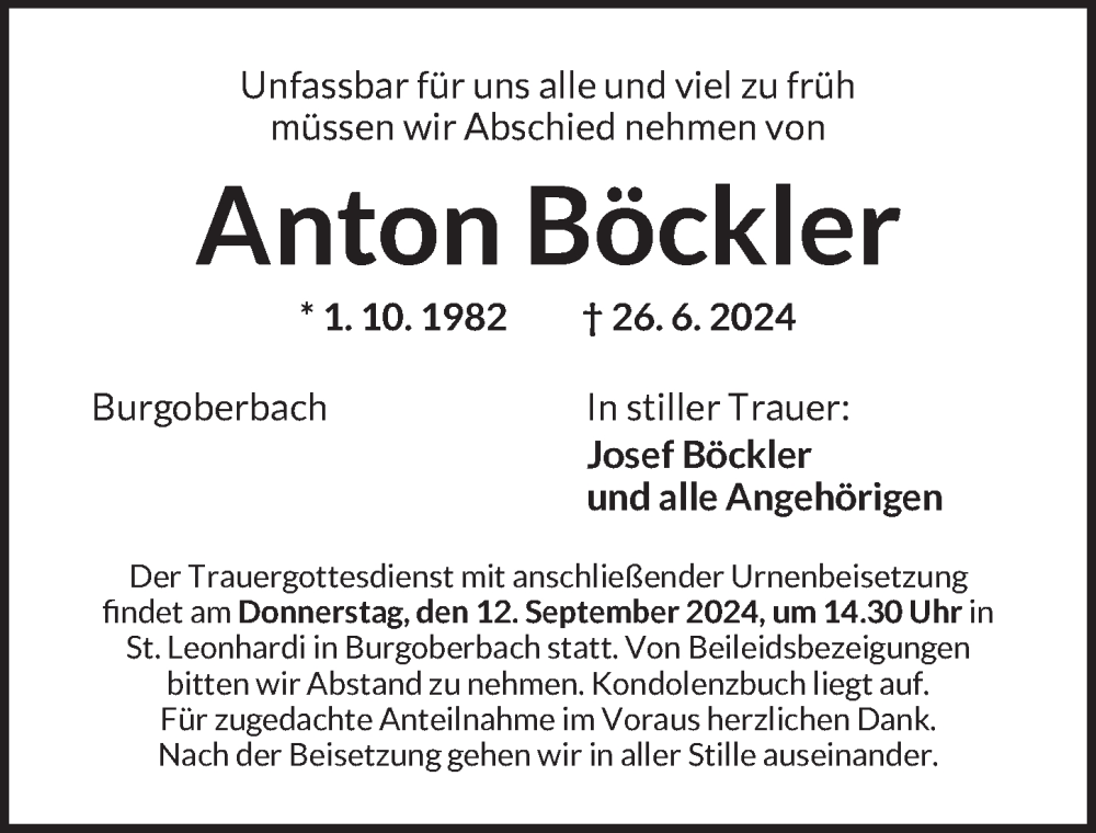  Traueranzeige für Anton Böckler vom 10.09.2024 aus Ansbach