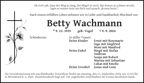 Traueranzeige von Betty Wachmann von Ansbach