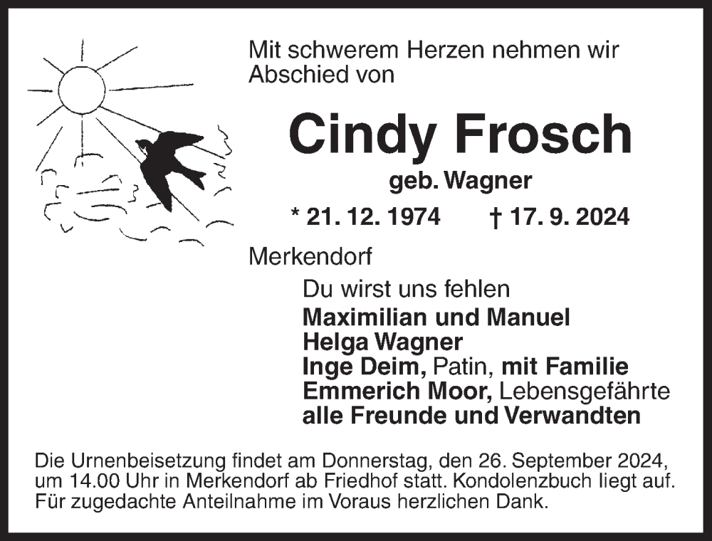  Traueranzeige für Cindy Frosch vom 24.09.2024 aus Ansbach