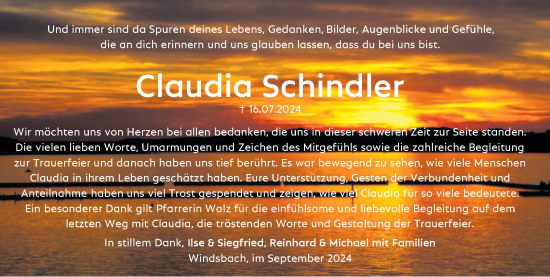 Traueranzeige von Claudia Schindler von Ansbach