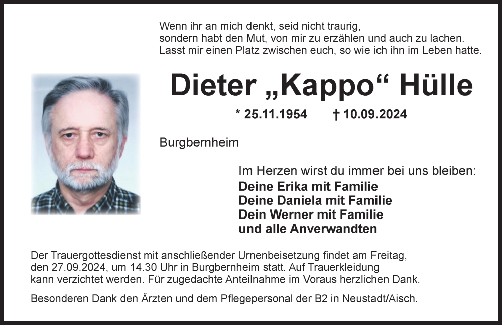  Traueranzeige für Dieter Hülle vom 24.09.2024 aus Neustadt/ Scheinfeld/ Uffenheim