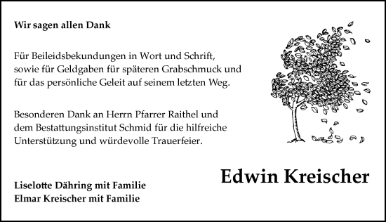 Traueranzeige von Edwin Kreischer von Rothenburg