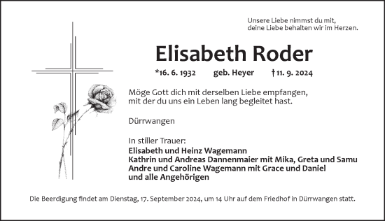 Traueranzeige von Elisabeth Roder von Dinkelsbühl/ Feuchtwangen