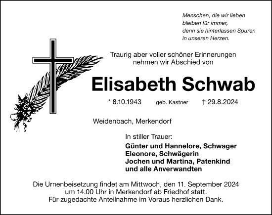 Traueranzeige von Elisabeth Schwab von Ansbach