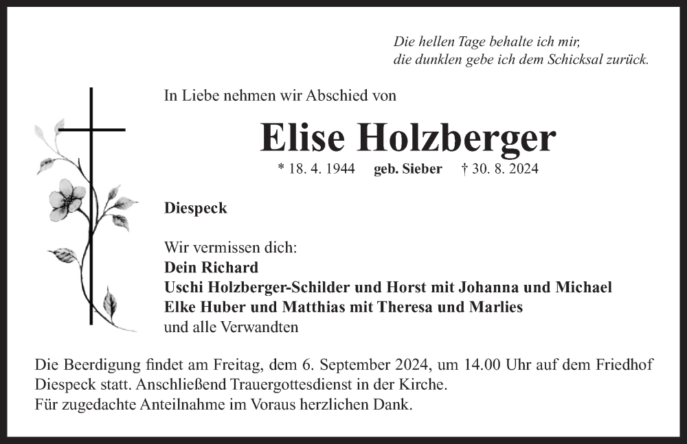  Traueranzeige für Elise Holzberger vom 04.09.2024 aus Neustadt/ Scheinfeld/ Uffenheim