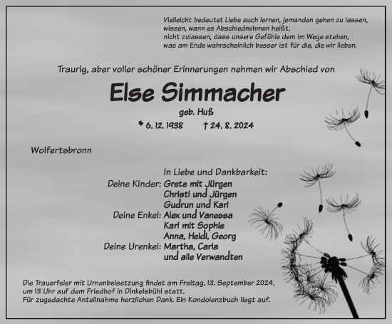 Traueranzeige von Else Simmacher von Dinkelsbühl/ Feuchtwangen