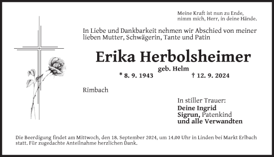 Traueranzeige von Erika Herbolsheimer von Neustadt/ Scheinfeld/ Uffenheim