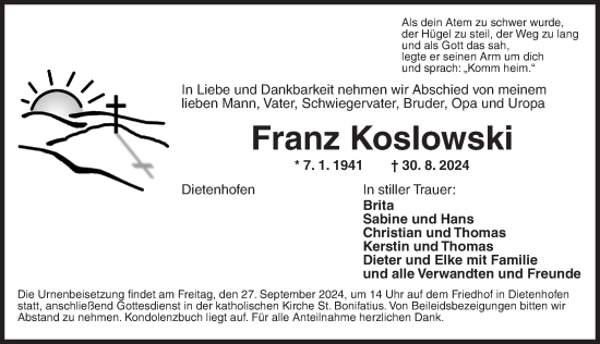 Traueranzeige von Franz Koslowski von Ansbach