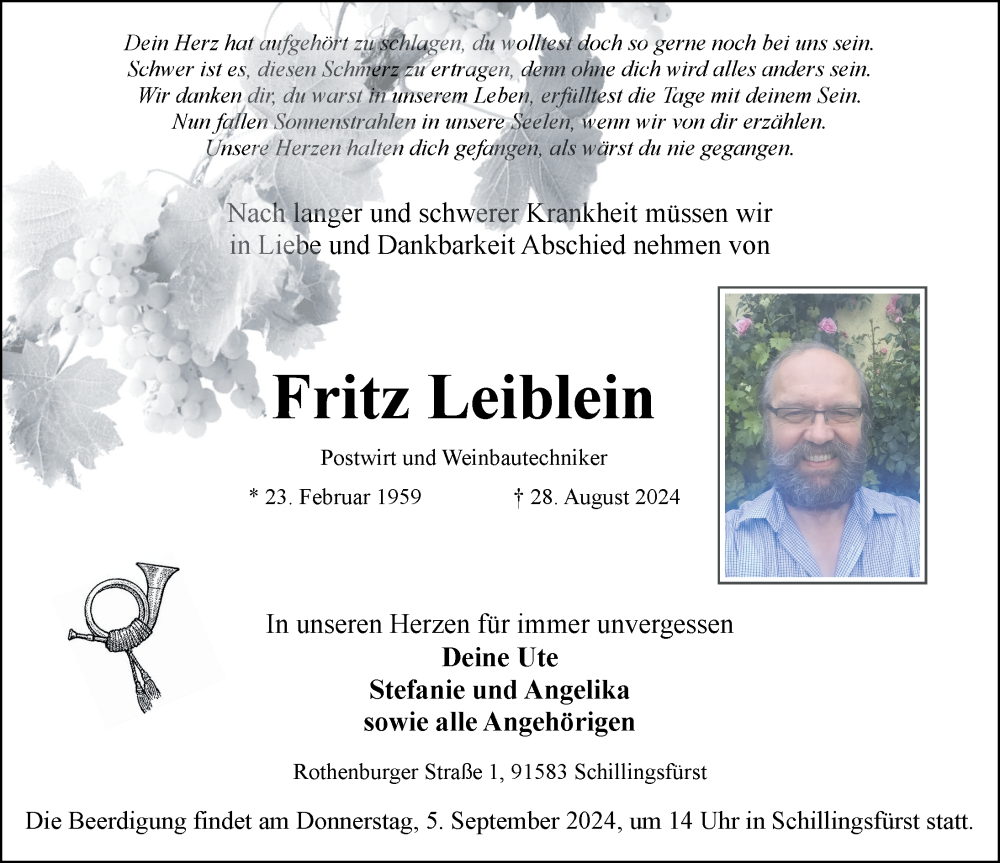  Traueranzeige für Fritz Leiblein vom 02.09.2024 aus Dinkelsbühl/ Feuchtwangen