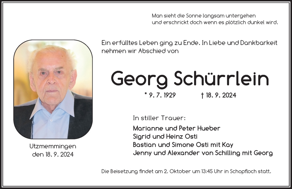  Traueranzeige für Georg Schürrlein vom 28.09.2024 aus Dinkelsbühl/ Feuchtwangen