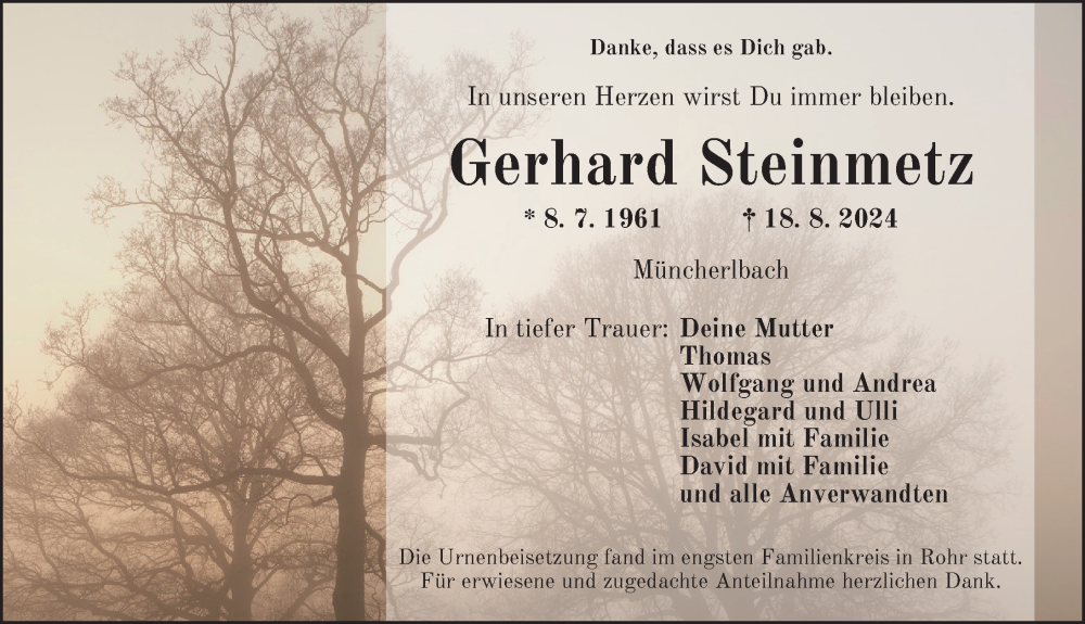  Traueranzeige für Gerhard Steinmetz vom 14.09.2024 aus Ansbach