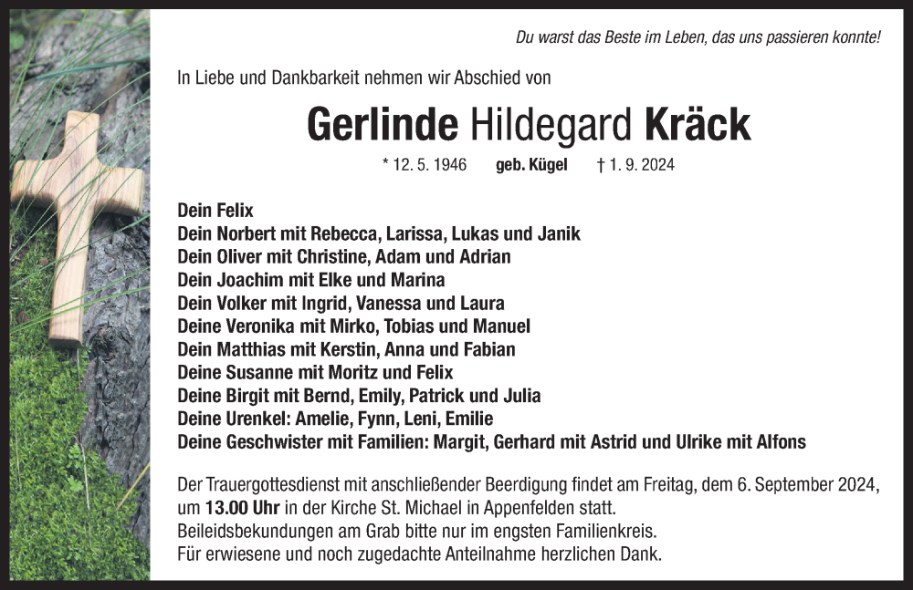  Traueranzeige für Gerlinde Hildegard Kräck vom 04.09.2024 aus Neustadt/ Scheinfeld/ Uffenheim