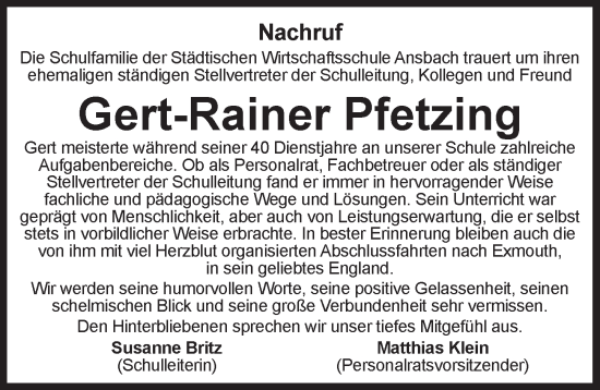 Traueranzeige von Gert-Rainer Pfetzing von Ansbach