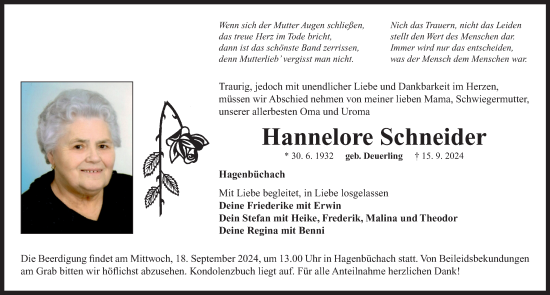 Traueranzeige von Hannelore Schneider von Neustadt/ Scheinfeld/ Uffenheim