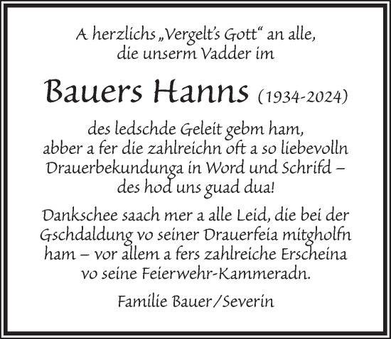 Traueranzeige von Hanns Bauer von Dinkelsbühl/ Feuchtwangen