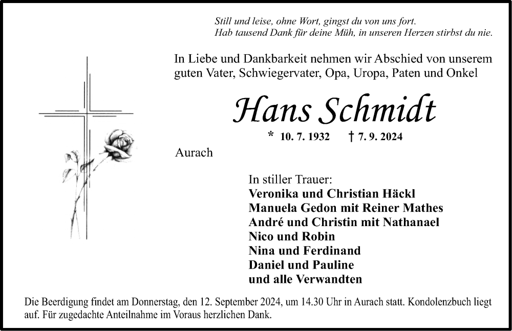  Traueranzeige für Hans Schmidt vom 10.09.2024 aus Ansbach