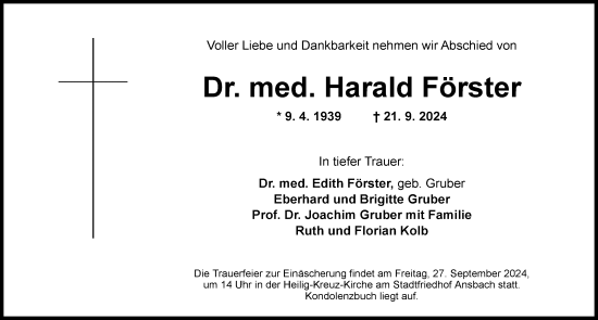 Traueranzeige von Harald Förster von Ansbach