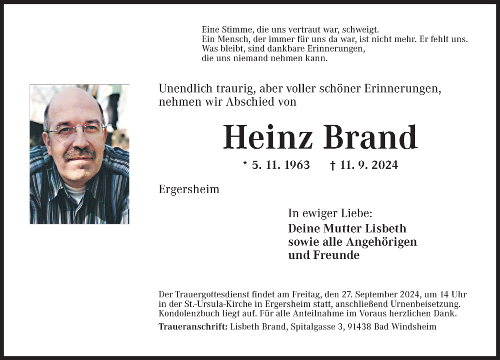  Traueranzeige für Heinz Brand vom 25.09.2024 aus Neustadt/ Scheinfeld/ Uffenheim