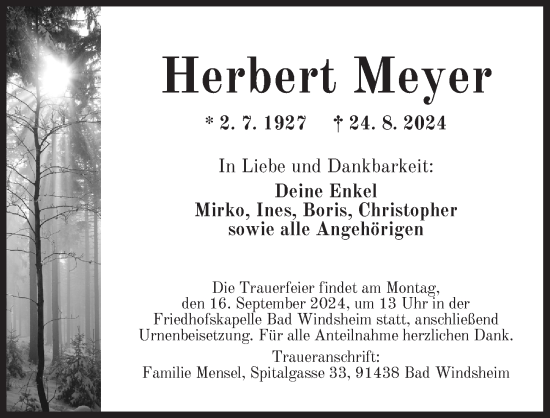 Traueranzeige von Herbert Meyer von Neustadt/ Scheinfeld/ Uffenheim