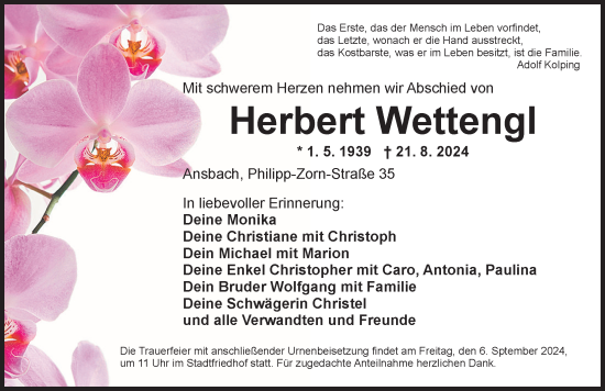 Traueranzeige von Herbert Wettengl von Ansbach