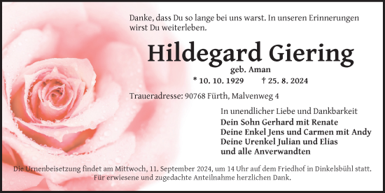 Traueranzeige von Hildegard Giering von Dinkelsbühl/ Feuchtwangen