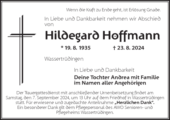 Traueranzeige von Hildegard Hoffmann von Dinkelsbühl/ Feuchtwangen