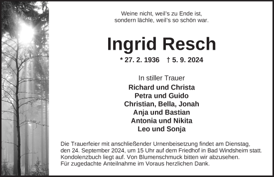 Traueranzeige von Ingrid Resch von Neustadt/ Scheinfeld/ Uffenheim