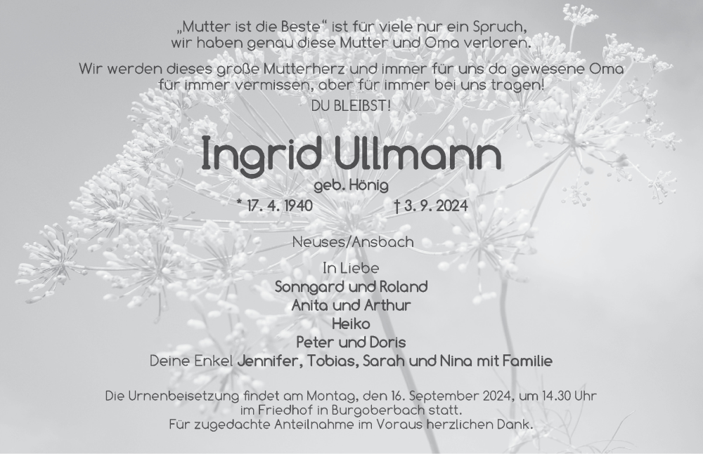  Traueranzeige für Ingrid Ullmann vom 14.09.2024 aus Ansbach