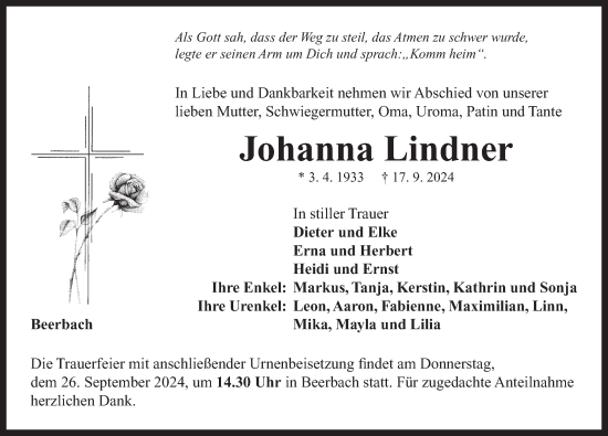 Traueranzeige von Johanna Lindner von Neustadt/ Scheinfeld/ Uffenheim