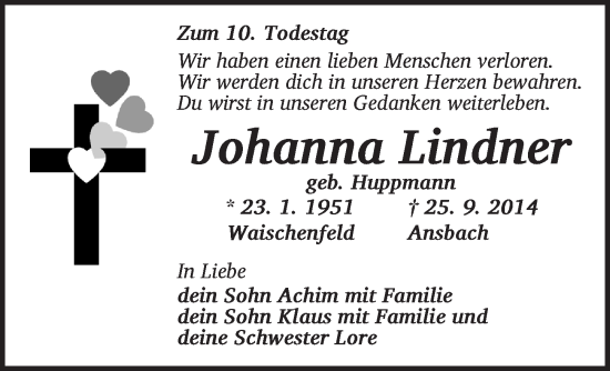 Traueranzeige von Johanna Lindner von Ansbach