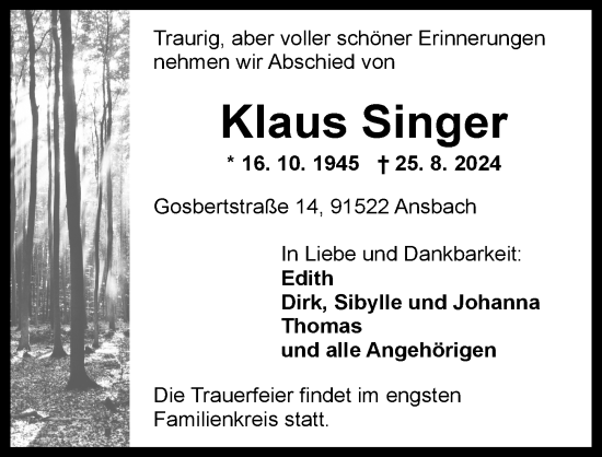 Traueranzeige von Klaus Singer von Ansbach