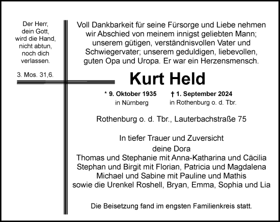 Traueranzeige von Kurt Held von Rothenburg