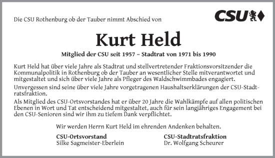 Traueranzeige von Kurt Held von Rothenburg