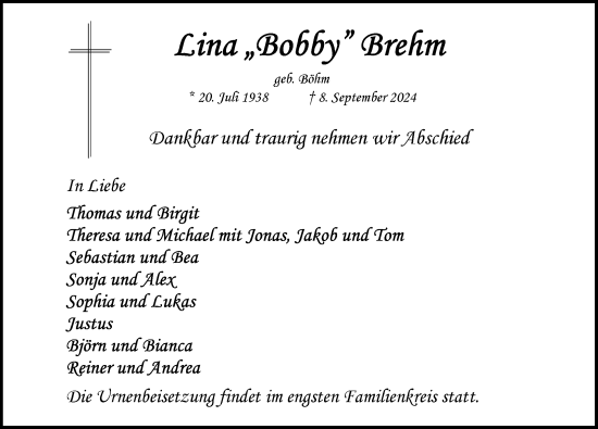 Traueranzeige von Lina Brehm von Rothenburg