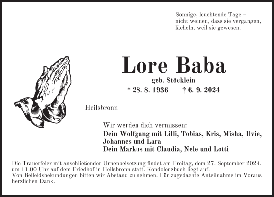 Traueranzeige von Lore Baba von Ansbach